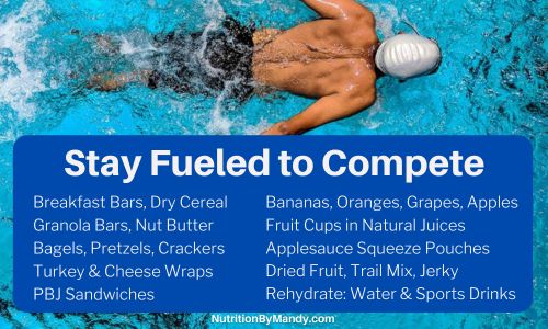 Swim Meet Snacks Stay Fueled to Compete:
reakfast Bars, Dry Cereal
Granola Bars, Nut Butter
Bagels, Pretzels, Crackers
Turkey & Cheese Wraps
PBJ Sandwiches
Bananas, Oranges, Grapes, Apples
Fruit Cups in Natural Juices
Applesauce Squeeze Pouches
Dried Fruit, Trail Mix, Jerky
Rehydrate: Water & Sports Drinks