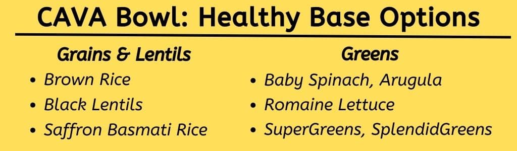 CAVA Bowl Healthy Base Options: Brown Rice
Black Lentils
Saffron Basmati Rice
Baby Spinach, Arugula
Romaine Lettuce
SuperGreens, SplendidGreens