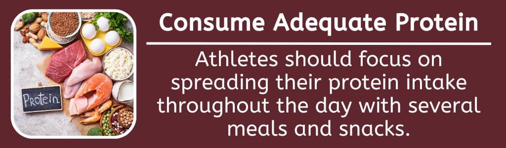 Athletes should focus on spreading their protein intake throughout the day with several meals and snacks.