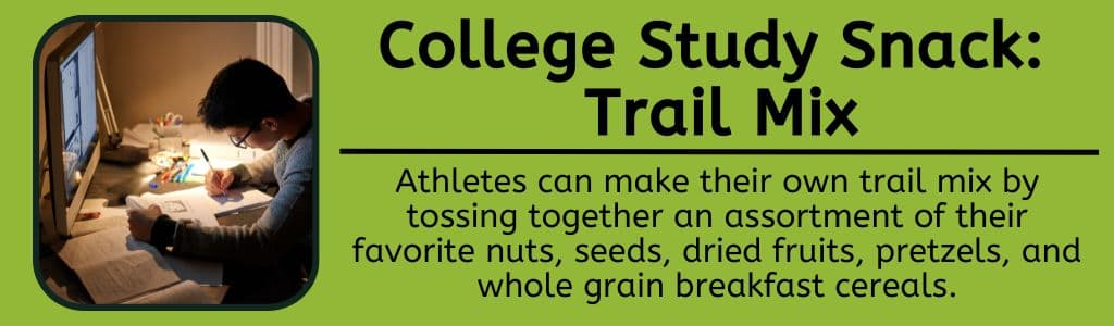 College Study Snack Trail Mix - Athletes can make their own trail mix by tossing together an assortment of their favorite nuts, seeds, dried fruits, pretzels, and whole grain breakfast cereals.