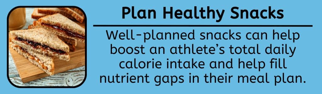 Well-planned snacks can help boost an athlete’s total daily calorie intake and help fill nutrient gaps in their meal plan.
