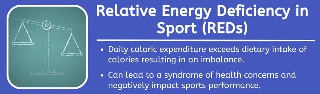 Relative Energy Deficiency in Sport REDs:
Daily caloric expenditure exceeds dietary intake of calories resulting in an imbalance.

Can lead to a syndrome of health concerns and negatively impact sports performance.