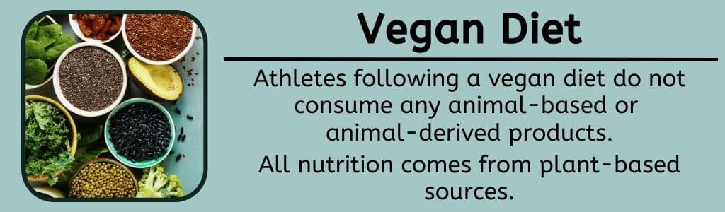 An athlete following a vegan diet does not consume any animal-based or animal-derived products.  All nutrition comes from plant-based sources.