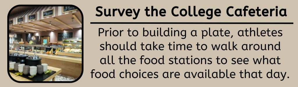 Survey the College Cafeteria Food Choices: Prior to building a plate, athletes should take time to walk around all the food stations to see what food choices are available that day.