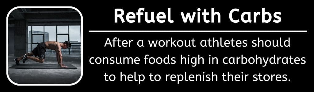 Refuel with Carbs After a Night Workout: After a workout athletes should consume foods high in carbohydrates to help to replenish their stores.