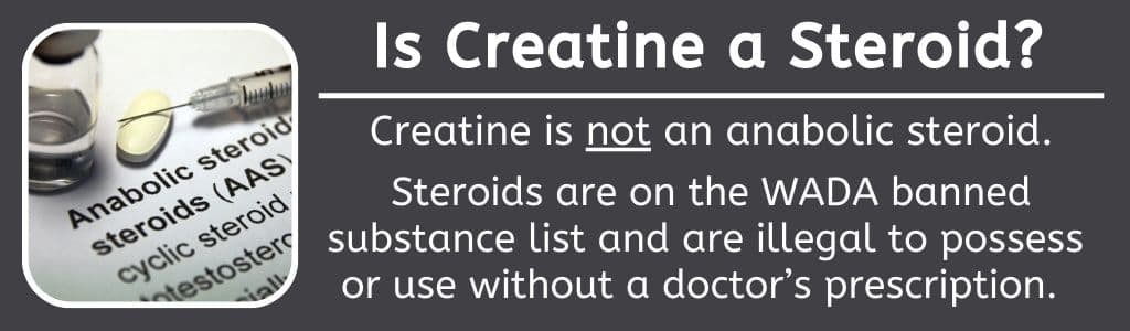 Is creatine a steroid? Creatine is not an anabolic steroid.
 
Steroids are on the WADA banned substance list and are illegal to possess 
or use without a doctor’s prescription.