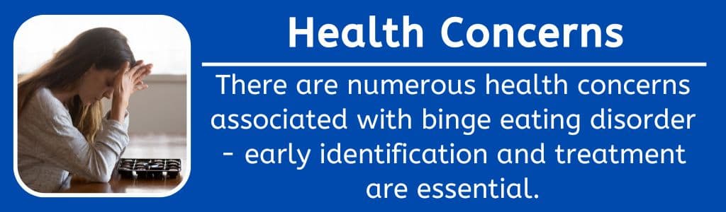 Health Concerns with Binge Eating Disorder: There are numerous health concerns associated with binge eating disorder - early identification and treatment are essential.